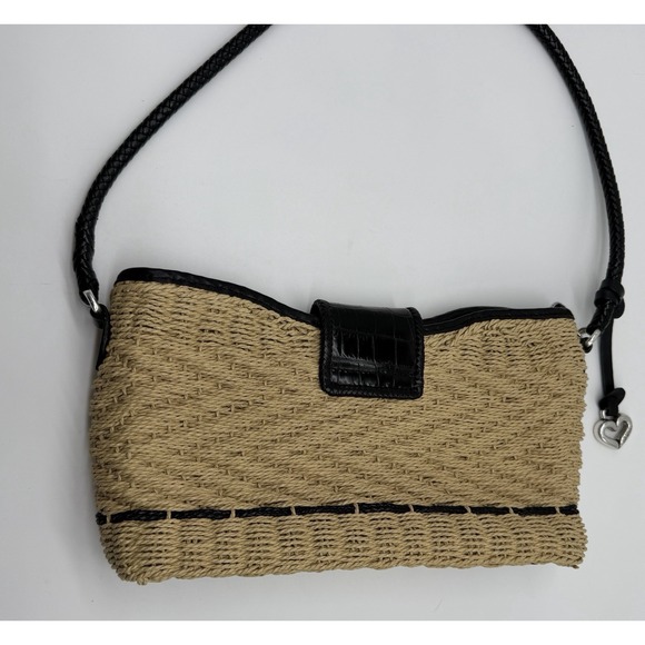 Brighton Straw Leather Woven Shoulder Bag Tan Vintage Faux Croc Heart Charm - Picture 4 of 6